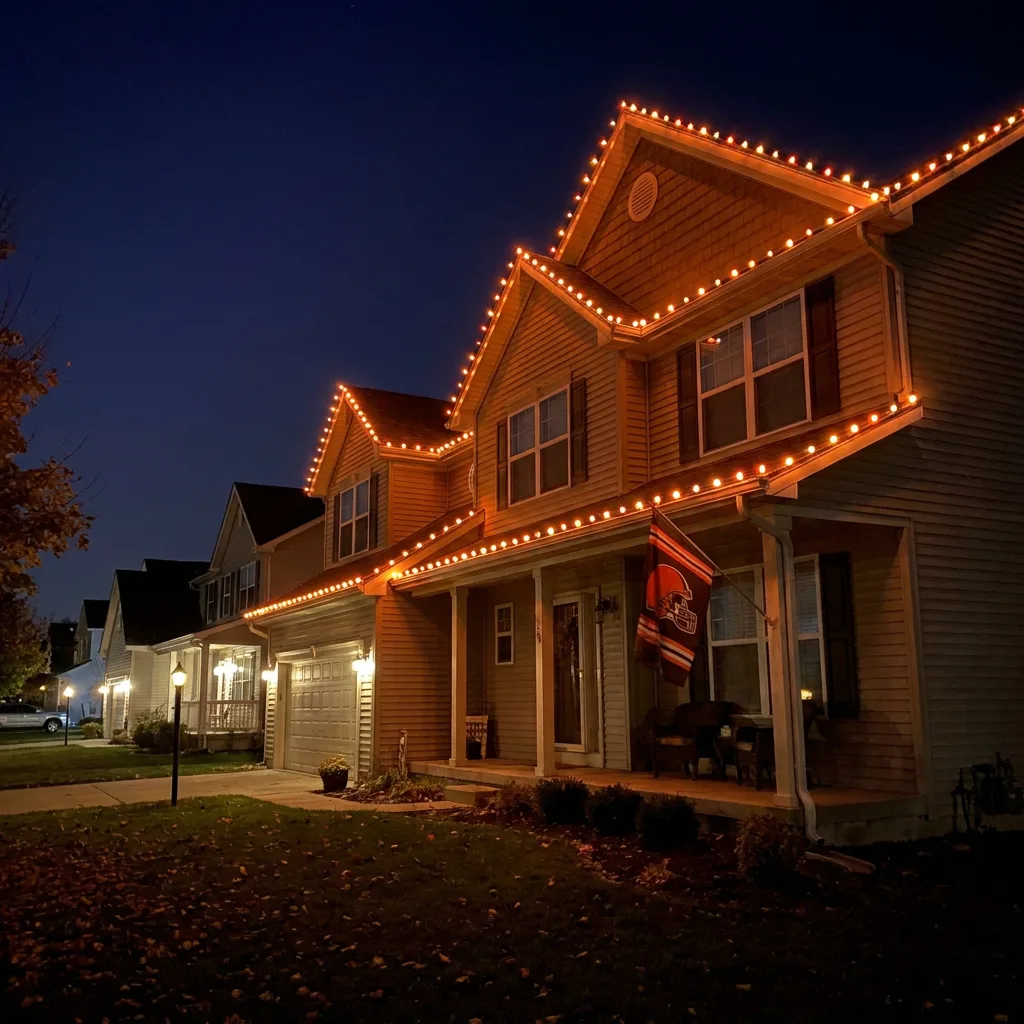 Home roofline glowing orange for game day at night with permanent color-changing lighting