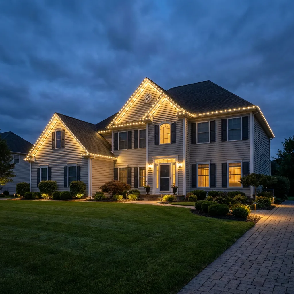Northeast Ohio home at night with warm-white permanent roofline lighting evenly spaced along every peak