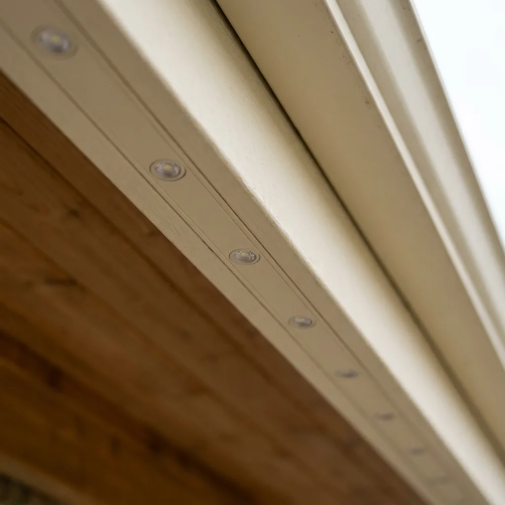 Close-up of a color-matched permanent lighting track with recessed LED lenses under a soffit during the day