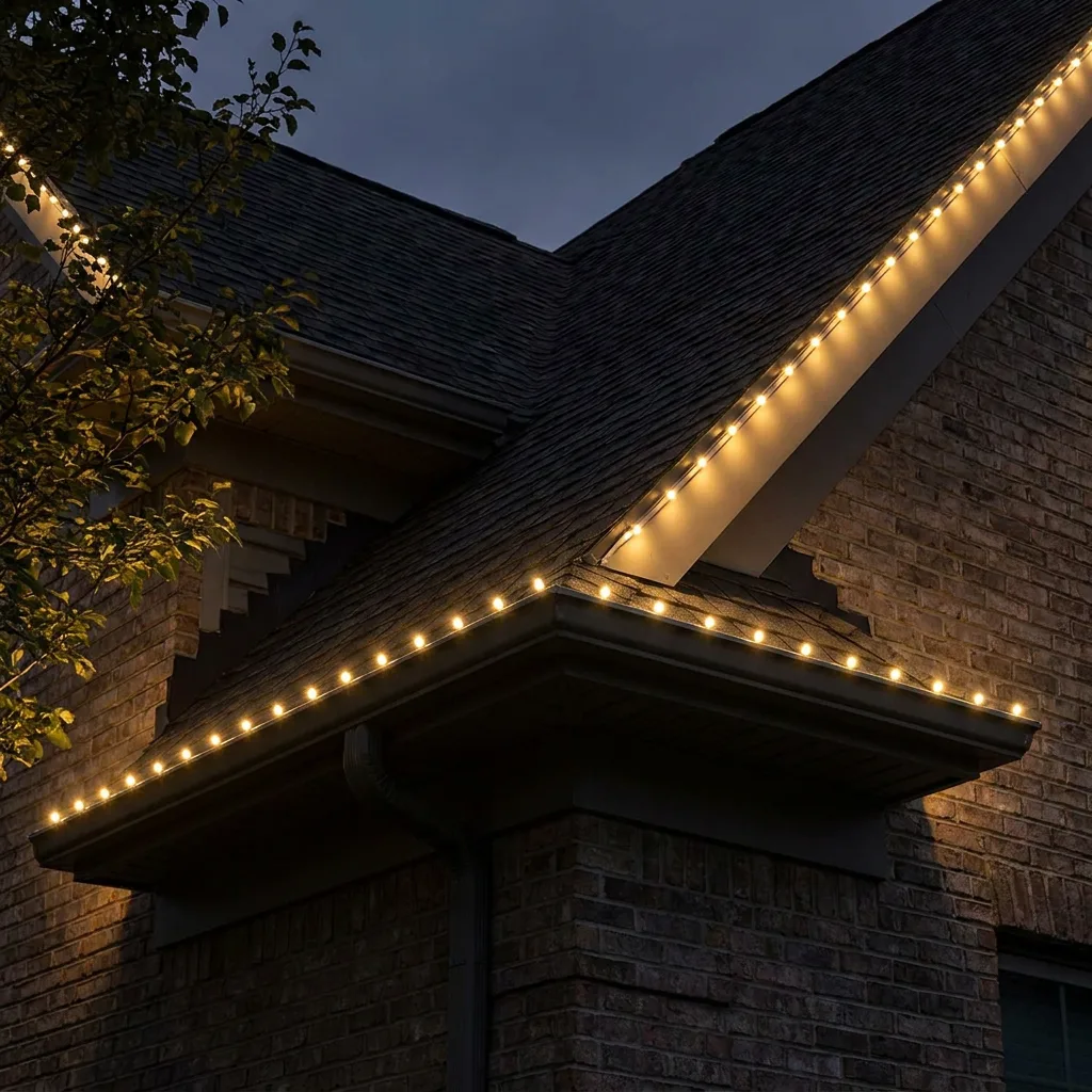 Warm-white permanent lighting running a clean corner transition along a roofline gutter line at night